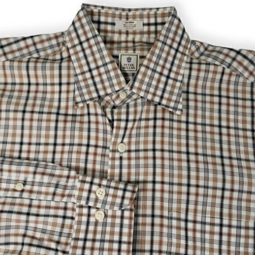 Peter Millar Mens Medium‎ Black Brown Gingham Check Long Sleeve Cotton Shirt